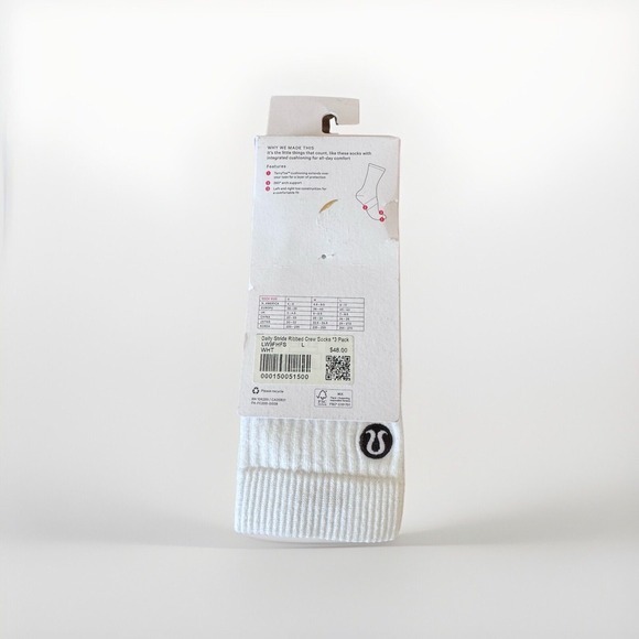 New Size Large 9-11 Lululemon Daily Stride Quarter Socks 3 Pack White Ribbed - Picture 2 of 4
